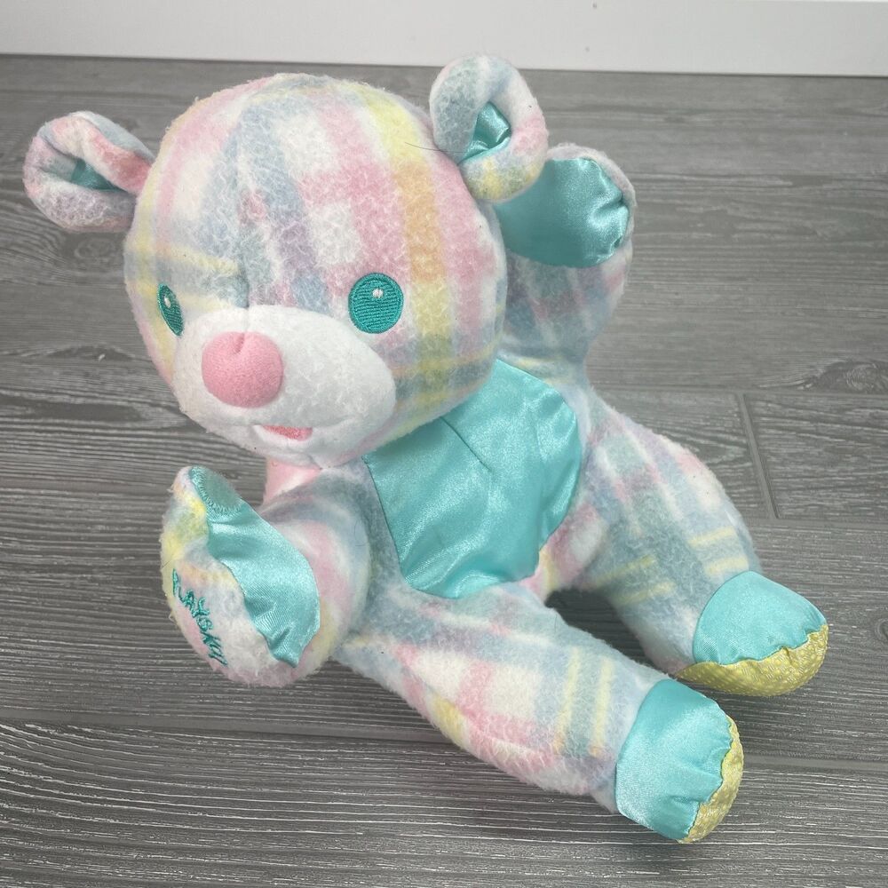 Vintage 1996 Hasbro Playskool Snuzzles Bear Plaid Pastel Vibrating Baby Plush - Picture 2 of 12